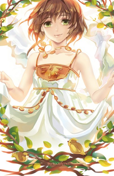 Anime picture 582x900 with tsubasa reservoir chronicle clamp sakura hime ofskysociety single tall image looking at viewer fringe short hair smile hair between eyes brown hair holding green eyes sunlight sleeveless girl dress plant (plants) animal