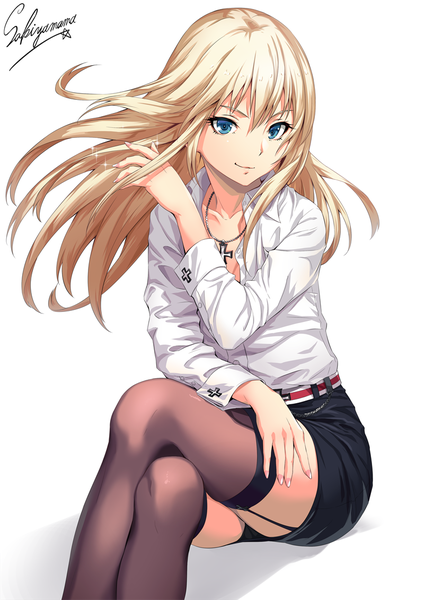 Anime picture 800x1131 with kantai collection bismarck battleship sakiyamama single long hair tall image looking at viewer blush fringe blue eyes light erotic blonde hair simple background smile hair between eyes white background sitting signed fingernails sparkle