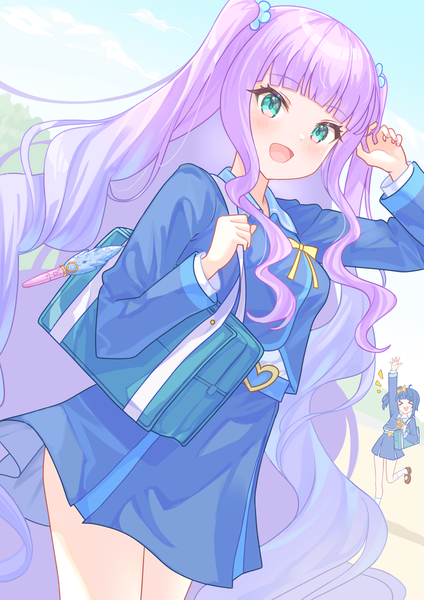 Anime picture 1500x2121 with precure hirogaru sky! precure toei animation sora harewataru ellee-chan usamaru67pi long hair tall image blush fringe open mouth standing multiple girls blue hair purple hair outdoors blunt bangs eyes closed :d arm up
