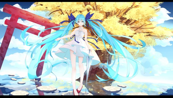 Anime picture 7000x4000 with vocaloid hatsune miku .l.l looking at viewer highres wide image twintails absurdres cloud (clouds) very long hair aqua hair letterboxed closed umbrella girl dress ribbon (ribbons) plant (plants) hair ribbon tree (trees) water