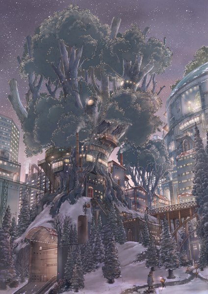 Anime picture 1800x2546 with original cola (pixiv) tall image highres night night sky city snowing winter snow cityscape girl plant (plants) tree (trees) building (buildings) star (stars) winter clothes bridge