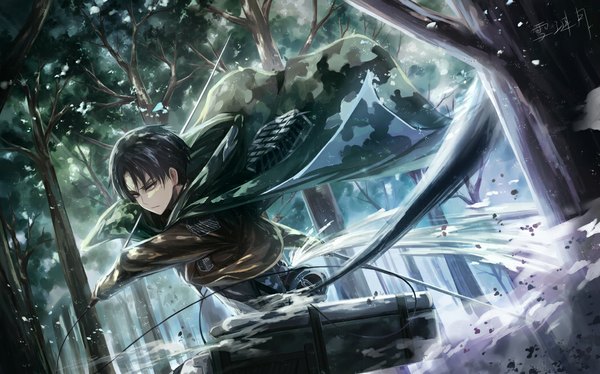 Anime picture 1050x656 with shingeki no kyojin production i.g levi (rivaille) angel31424 single short hair black hair wide image holding signed looking away inscription serious dual wielding boy weapon plant (plants) sword tree (trees) hood