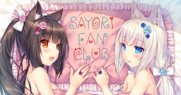 Anime picture 1200x630 with neko paradise neko works (studio) vanilla (nekopara) chocola (nekopara) sayori long hair blush open mouth blue eyes light erotic black hair wide image twintails bare shoulders multiple girls animal ears white hair hair flower cat ears cat girl