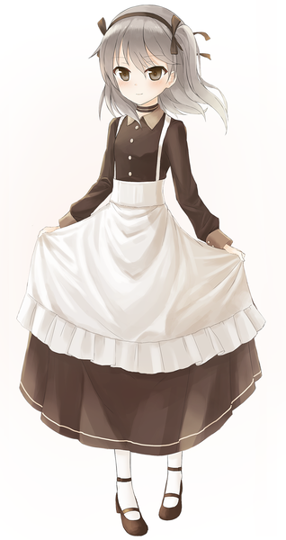 Anime picture 1600x3017 with girls und panzer shimada arisu satou (3366 s) single tall image looking at viewer fringe short hair simple background smile standing white background brown eyes full body long sleeves grey hair one side up dress lift girl dress