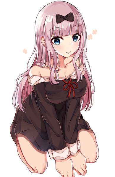 Anime picture 3078x4750 with kaguya-sama wa kokurasetai ~tensai-tachi no renai zunousen~ a-1 pictures fujiwara chika norazura single long hair tall image looking at viewer blush fringe highres breasts blue eyes simple background smile large breasts white background sitting bare shoulders payot