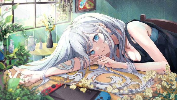 Anime picture 1920x1080 with original nintendo peropicnic single long hair looking at viewer highres blue eyes wide image cleavage silver hair indoors reclining playing with hair hair twirling girl flower (flowers) nintendo switch