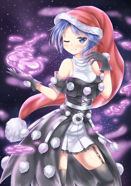 Anime picture 2480x3508 with touhou doremy sweet akiteru98 single tall image looking at viewer highres short hair blue eyes smile blue hair parted lips one eye closed girl thighhighs dress gloves black thighhighs hat black gloves