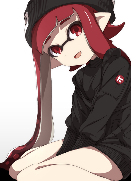 Anime picture 726x1000 with splatoon nintendo inkling takeko spla single long hair tall image looking at viewer open mouth simple background red eyes white background sitting red hair pointy ears wariza tentacle hair girl cap