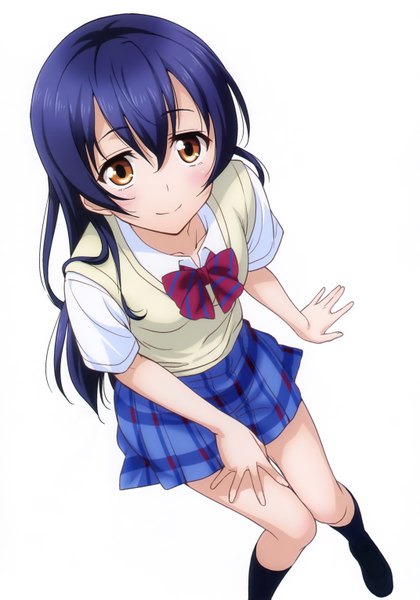 Anime picture 2142x3062 with love live! school idol project sunrise (studio) love live! sonoda umi inou shin single long hair tall image looking at viewer highres simple background smile white background brown eyes blue hair scan girl skirt uniform school uniform