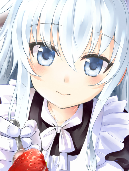 Anime picture 1571x2081 with kantai collection hibiki destroyer natsupa single long hair tall image looking at viewer blush blue eyes white hair maid close-up girl dress gloves food white gloves apron berry (berries) strawberry