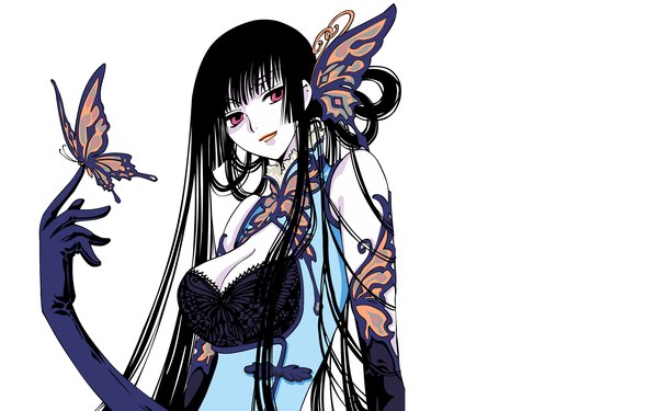 Anime picture 2560x1600 with xxxholic clamp ichihara yuuko saki-xan single long hair looking at viewer highres breasts black hair simple background red eyes wide image large breasts white background lipstick vector butterfly on hand girl gloves