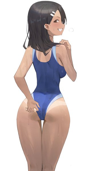 Anime picture 949x1800 with ijiranaide nagatoro-san nagatoro hayase hood (james x) single long hair tall image looking at viewer light erotic black hair simple background smile standing white background brown eyes ass profile looking back from behind grin thigh gap