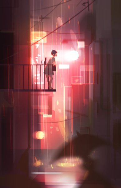 Anime picture 2500x3864 with original jenny yu tall image highres short hair standing bent knee (knees) outdoors red hair profile blurry night rain city lights silhouette alley girl animal cat people