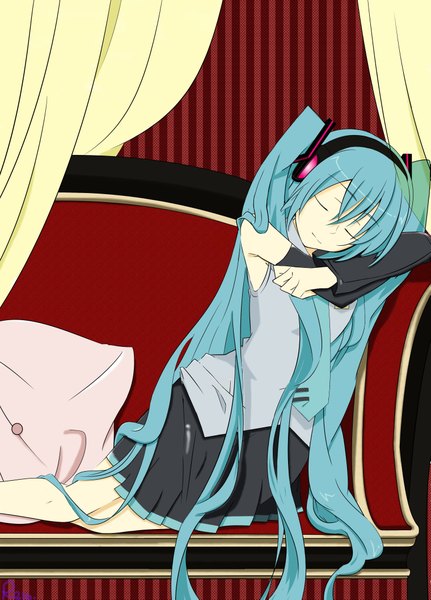 Anime picture 3037x4225 with vocaloid hatsune miku tagme (artist) single tall image highres twintails absurdres eyes closed very long hair light smile aqua hair sleeping girl skirt detached sleeves necktie headphones pillow curtains