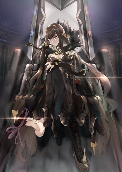 Anime picture 2480x3507 with fate (series) fate/grand order fate/apocrypha semiramis (fate) qinshi-ji single tall image looking at viewer fringe highres breasts black hair large breasts sitting brown eyes payot cleavage full body indoors very long hair