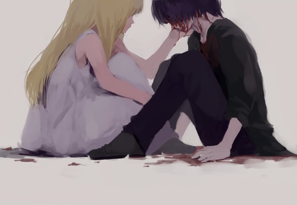 Anime picture 1300x900 with original met-tha long hair short hair simple background blonde hair sitting purple hair couple face to face twisty sleeves leg hug hand on cheek no face girl dress boy white dress blood