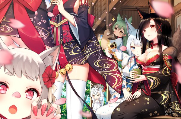 Anime picture 1400x920 with azur lane akagi (azur lane) kaga (azur lane) yamashiro (azur lane) yuudachi (azur lane) akashi (azur lane) fusou (azur lane) kaga (white fox's new year greetings) (azur lane) akagi (plum and snow) (azur lane) universal bulin (azur lane) yasuyuki long hair looking at viewer blush fringe short hair breasts open mouth blue eyes light erotic