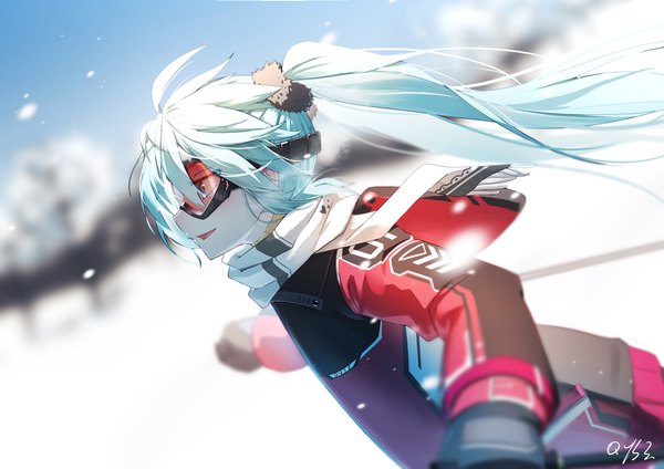 Anime picture 1660x1174 with vocaloid hatsune miku qys3 single long hair fringe open mouth hair between eyes twintails signed payot looking away sky upper body ahoge outdoors long sleeves profile aqua eyes wind
