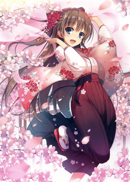 Anime picture 2347x3300 with original eshi 100-nin ten tomose shunsaku single long hair tall image looking at viewer blush highres open mouth blue eyes brown hair traditional clothes japanese clothes scan official art girl hair ornament flower (flowers) petals