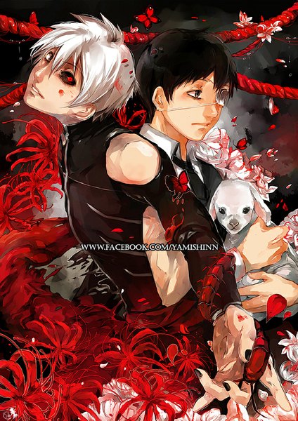 Anime picture 582x823 with tokyo ghoul studio pierrot kaneki ken sasaki haise yamyami-shin tall image looking at viewer short hair black hair red eyes bare shoulders holding brown eyes looking away white hair nail polish profile multiple boys grey eyes hug