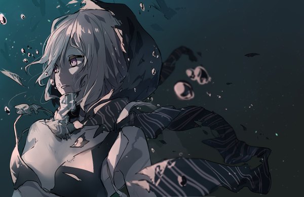 Anime picture 1705x1108 with kantai collection re-class battleship itohana single highres short hair light erotic simple background bare shoulders looking away torn clothes monochrome dark background underwater shinkaisei-kan girl water scarf hood bubble (bubbles)