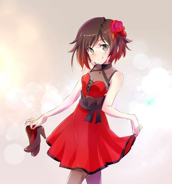 Anime picture 1678x1800 with rwby rooster teeth ruby rose iesupa single tall image looking at viewer short hair breasts smile holding cleavage hair flower high heels sleeveless gradient background gradient hair silver eyes shoes removed girl