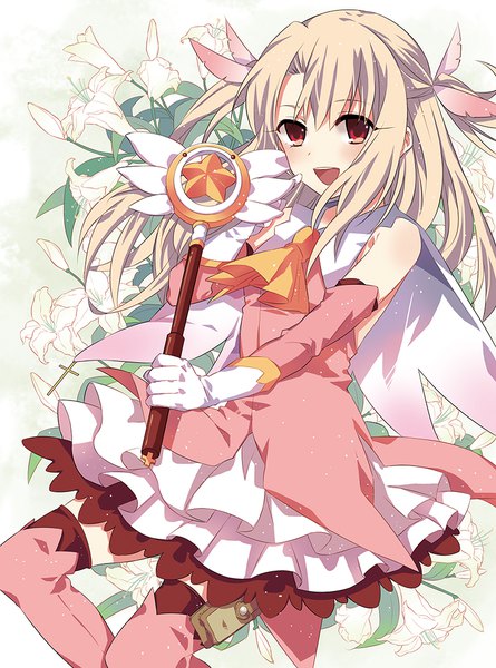 Anime-Bild 800x1078 mit fate (series) fate/kaleid liner prisma illya illyasviel von einzbern prisma illya magical ruby mysterymiharu single long hair tall image looking at viewer blush open mouth blonde hair red eyes :d two side up magical girl girl thighhighs gloves