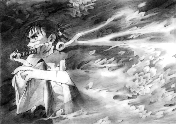 Anime picture 4245x3000 with blade of the immortal samura hiroaki highres short hair black hair absurdres traditional clothes black eyes monochrome scar girl weapon