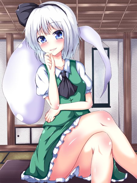 Anime picture 900x1200 with touhou naba (take tonbo) single tall image looking at viewer blush short hair open mouth blue eyes light erotic smile sitting silver hair short sleeves crossed legs finger to mouth girl skirt ribbon (ribbons) hair ribbon