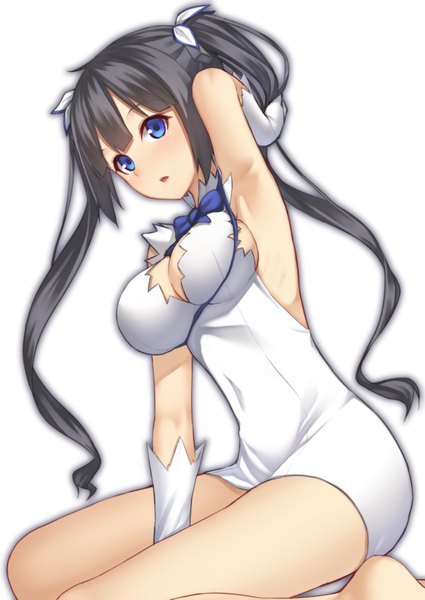 Anime picture 2508x3541 with dungeon ni deai wo motomeru no wa machigatteiru darou ka j.c. staff hestia (danmachi) mikazuchi zeus single long hair tall image highres breasts open mouth blue eyes light erotic black hair simple background white background twintails cleavage covered navel rei no himo girl