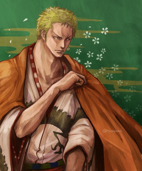 Anime picture 1696x2048 with one piece toei animation roronoa zoro torapunch single tall image short hair simple background signed looking away upper body traditional clothes japanese clothes green hair black eyes wide sleeves twitter username piercing ear piercing green background