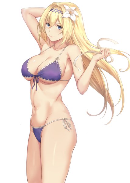 Anime picture 1254x1761 with granblue fantasy jeanne d'arc (granblue fantasy) terry single long hair tall image looking at viewer blush fringe breasts blue eyes light erotic simple background blonde hair smile hair between eyes large breasts white background payot cleavage