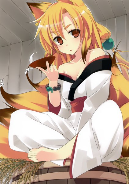 Anime picture 2815x4000 with tatsukichi (artist) single long hair tall image highres blonde hair red eyes sitting absurdres fox ears fox tail fox girl multiple tails girl