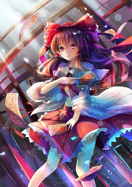 Anime picture 744x1053 with touhou hakurei reimu teeth (artist) single long hair tall image looking at viewer open mouth red eyes brown hair traditional clothes miko girl bow hair bow petals torii ofuda