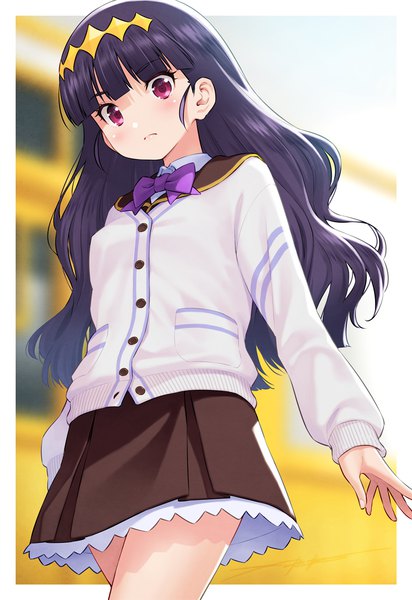 Anime picture 1031x1500 with precure delicious party precure toei animation kasai amane kazuma muramasa single long hair tall image looking at viewer blush fringe black hair standing purple eyes blunt bangs long sleeves blurry border wavy hair outside border