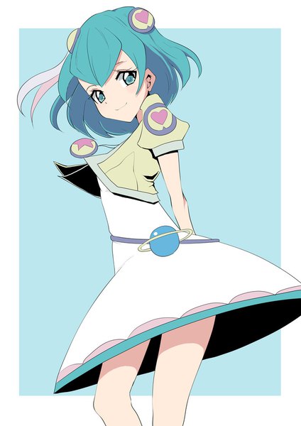 Anime picture 744x1052 with precure star twinkle precure toei animation hagoromo lala maguro (fufu) single tall image looking at viewer blush fringe short hair simple background smile standing aqua eyes aqua hair puffy sleeves turning head border blue background