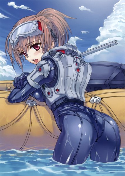 Anime picture 2237x3148 with matsuryuu single tall image blush highres open mouth light erotic red eyes brown hair ass from behind girl water watercraft boat aqualung