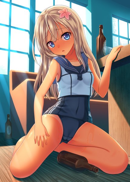 Anime picture 888x1243 with kantai collection ro-500 submarine nazu-na single long hair tall image looking at viewer blush fringe blue eyes light erotic white hair hair flower sunlight bare legs kneeling cameltoe tan tan lines girl