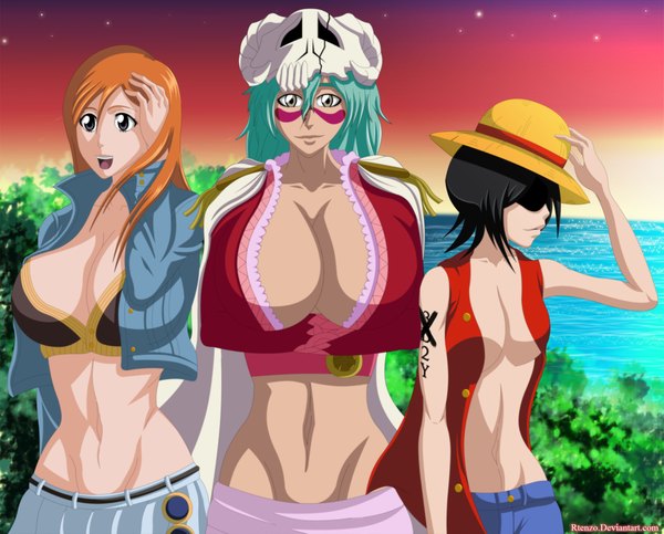 Anime picture 2200x1774 with bleach one piece studio pierrot toei animation nami (one piece) monkey d. luffy kuchiki rukia inoue orihime boa hancock nelliel tu odelschwanck long hair highres short hair breasts open mouth light erotic large breasts multiple girls green eyes sky