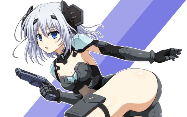 Anime picture 1920x1200 with date a live tobiichi origami shira-nyoro single highres short hair open mouth blue eyes light erotic wide image white hair girl gloves weapon elbow gloves gun bodysuit