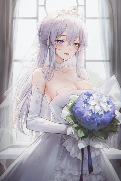 Anime picture 3500x5250 with how to live as a writer in a fantasy world meoyo single long hair tall image looking at viewer blush fringe highres breasts open mouth blue eyes light erotic smile hair between eyes large breasts standing bare shoulders holding payot