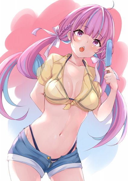 Anime-Bild 1446x2046 mit virtual youtuber hololive minato aqua roriwanko single long hair tall image breasts light erotic purple eyes twintails purple hair ahoge multicolored hair two-tone hair :o midriff low twintails drill hair colored inner hair