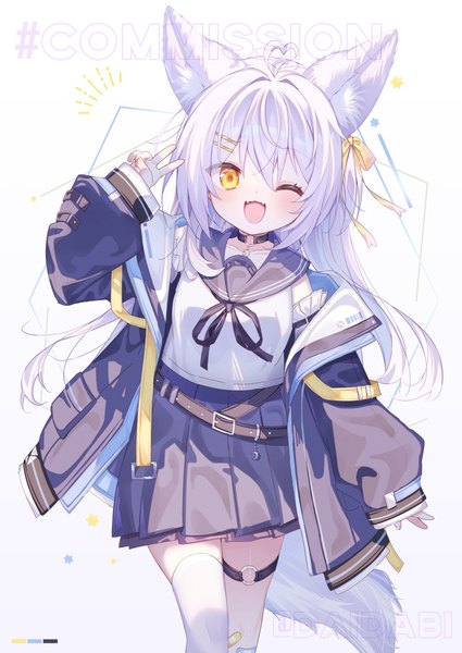Anime-Bild 878x1239 mit original d omm single long hair tall image looking at viewer blush fringe open mouth simple background smile hair between eyes standing white background animal ears yellow eyes silver hair ahoge tail long sleeves