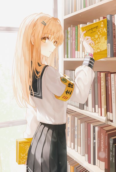 Anime picture 2162x3203 with original kerno single long hair tall image looking at viewer blush fringe highres blonde hair hair between eyes standing holding yellow eyes ahoge indoors long sleeves pleated skirt sunlight turning head