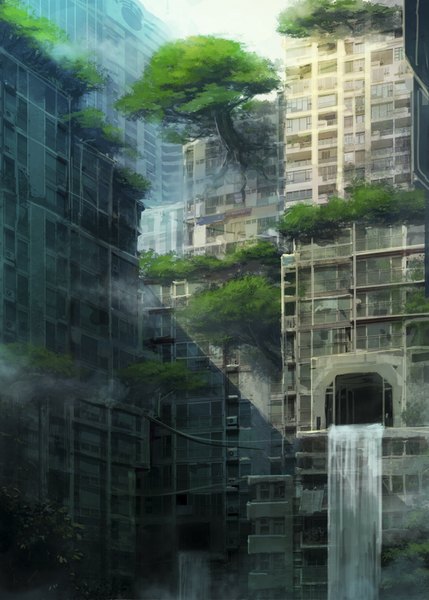 Anime picture 600x839 with original ac (eshi) tall image sky sunlight no people waterfall plant (plants) tree (trees) water building (buildings) wire (wires)