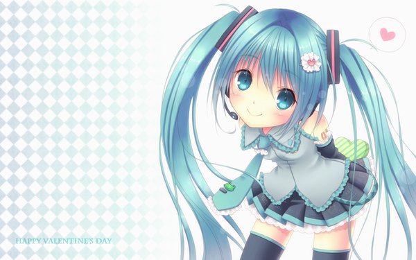 Anime picture 1000x625 with vocaloid hatsune miku mmmxx looking at viewer blush smile wide image twintails very long hair aqua eyes aqua hair girl skirt detached sleeves miniskirt necktie headphones