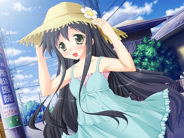 Anime picture 1024x768 with precious summer vacation! (game) long hair open mouth black hair green eyes game cg sky cloud (clouds) loli girl hat sundress
