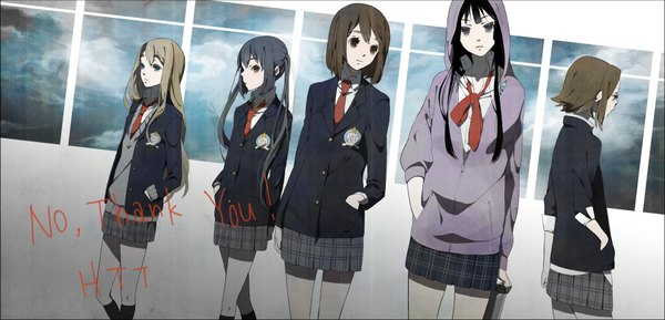 Anime picture 1800x869 with k-on! kyoto animation akiyama mio hirasawa yui nakano azusa kotobuki tsumugi tainaka ritsu kurage (artist) highres black hair blonde hair brown hair wide image twintails group serafuku