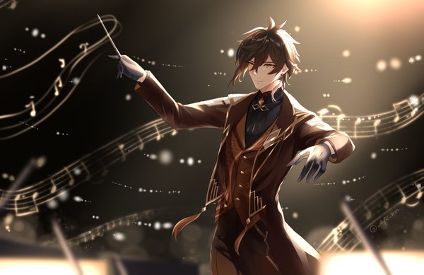 Anime picture 3508x2275 with genshin impact zhongli (genshin impact) whyte srsn single fringe highres short hair smile hair between eyes brown hair standing yellow eyes looking away absurdres conductor boy gloves black gloves single earring musical note