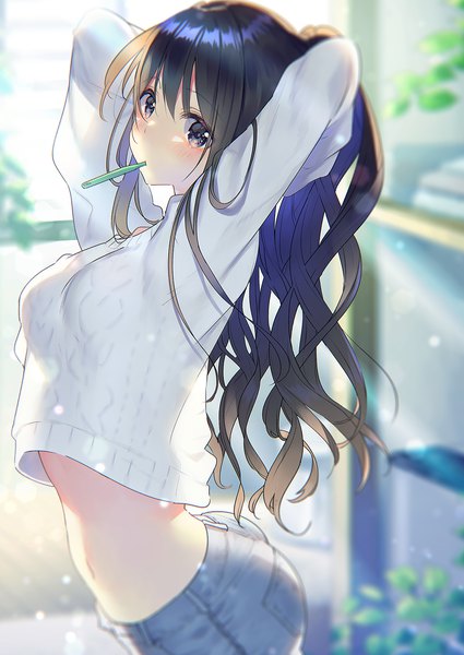 Anime picture 1062x1500 with original rugo single long hair tall image looking at viewer blush fringe black hair hair between eyes standing purple eyes ass ponytail indoors blurry arms up midriff depth of field arms behind head